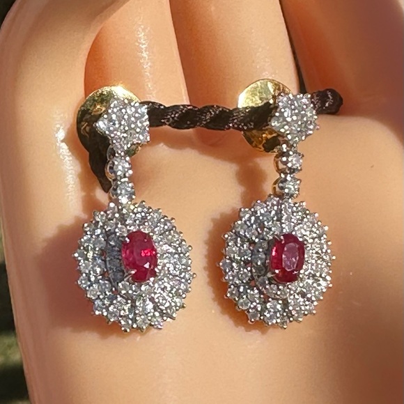 Natural Burmese Ruby and Diamond Earrings in 18 k solid gold ⭐️New⭐️ - Picture 11 of 12